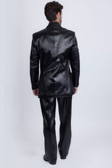 Barabas Wholesale Men's Faux Leather Striped Pattern Peak Lapel Suit 5SU55 Black