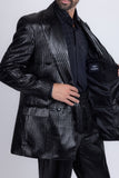 Barabas Wholesale Men's Faux Leather Striped Pattern Peak Lapel Suit 5SU55 Black