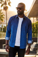 Barabas Wholesale Men's Geometric Rope Strand Stretch Long Sleeve Shirts 6B01 Blue 