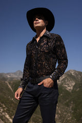 Barabas Wholesale Men's Paisley Floral See Through Long Sleeve Shirts 6B04 Black