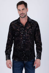 Barabas Wholesale Men's Paisley Floral See Through Long Sleeve Shirts 6B04 Black
