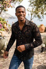 Barabas Wholesale Men's Paisley Floral See Through Long Sleeve Shirts 6B04 Black