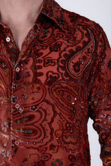 Barabas Wholesale Men's Paisley Floral See Through Long Sleeve Shirts 6B04 Red