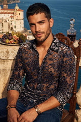 Barabas Wholesale Men's See Through Floral Pattern Long Sleeve Shirts 6B05 Black Silver