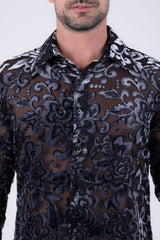 Barabas Wholesale Men's See Through Floral Pattern Long Sleeve Shirts 6B05 Black