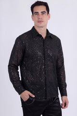 Men's See-Through Sequins Geometric Long-Sleeve Shirt Barabas Wholesale 6B07 #Color_Black Black
