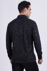 Men's See-Through Sequins Geometric Long-Sleeve Shirt Barabas Wholesale 6B07 #Color_Black Black