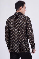 Men's See-Through Sequins Geometric Long-Sleeve Shirt Barabas Wholesale 6B07 #Color_Black Gold