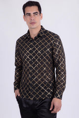 Men's See-Through Sequins Geometric Long-Sleeve Shirt Barabas Wholesale 6B07 #Color_Black Gold