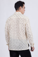 Men's See-Through Sequins Geometric Long-Sleeve Shirt Barabas Wholesale 6B07 #Color_Whisper White