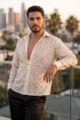 Men's See-Through Sequins Geometric Long-Sleeve Shirt Barabas Wholesale 6B07 #Color_Whisper White