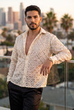 Men's See-Through Sequins Geometric Long-Sleeve Shirt Barabas Wholesale 6B07 #Color_Whisper White