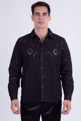 Barabas Wholesale Men's Paisley Floral See Through Knit Long Sleeve Shirts 6B08 Black