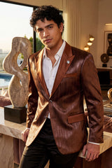 Barabas Wholesale Men's Shiny Metallic Striped Notch Wide Lapel Blazer 6BL05 Chocolate