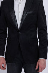 Barabas Wholesale Men's Faux Leather Lapel Patterned Peak Lapel Blazer 6BLW01 Black
