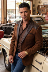 Barabas Wholesale Men's Faux Leather Lapel Patterned Peak Lapel Blazer 6BLW01 Brown