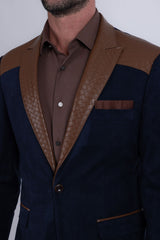 Barabas Wholesale Men's Faux Leather Lapel Patterned Peak Lapel Blazer 6BLW01 Navy