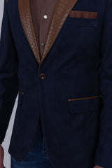 Barabas Wholesale Men's Faux Leather Lapel Patterned Peak Lapel Blazer 6BLW01 Navy