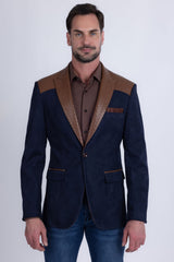 Barabas Wholesale Men's Faux Leather Lapel Patterned Peak Lapel Blazer 6BLW01 Navy
