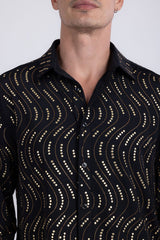 Men's Wholesale Rhinestone Geometric Wave Print Shirt | BARABAS 6BR02 Black Gold