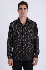 Men's Wholesale Rhinestone Geometric Wave Print Shirt | BARABAS 6BR02 Black Gold