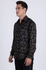 Men's Wholesale Rhinestone Geometric Wave Print Shirt | BARABAS 6BR02 Black Gold