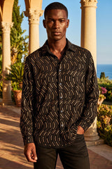 Men's Wholesale Rhinestone Geometric Wave Print Shirt | BARABAS 6BR02 Black Gold