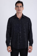Men's Wholesale Rhinestone Geometric Wave Print Shirt | BARABAS 6BR02 Black Gun Metal