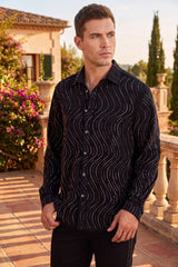 Men's Wholesale Rhinestone Geometric Wave Print Shirt | BARABAS 6BR02 Black Gun Metal