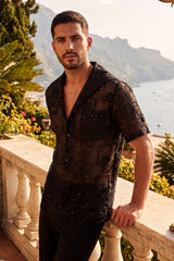 Barabas Wholesale Men's Cuban Collared See-Through Short Sleeve Shirt 6CCS01 Black Beauty