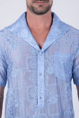 Barabas Wholesale Men's Cuban Collared See-Through Short Sleeve Shirt 6CCS01 Navy