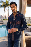 Men's Wholesale Fleur Embroidered Western Long-Sleeve Shirt | BARABAS 6DWS01 Dark Blue
