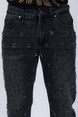 Barabas Men's Sparkly Rhinestone Stud Design Denim Jeans 6ED01 Charcoal