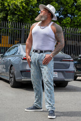 Barabas Men's Sparkly Rhinestone Stud Design Denim Jeans 6ED01 Blue