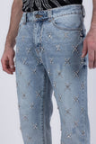 Barabas Men's Sparkly Rhinestone Stud Design Denim Jeans 6ED01 Light Blue Bronze