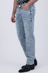 Barabas Men's Sparkly Rhinestone Stud Design Denim Jeans 6ED01 Light Blue