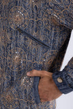 Barabas Vintage Mosaic Sequins Western Denim Jacket 6EJJ01 Blue Gold