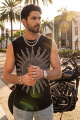 Barabas Men's Rhinestone Sun Rays Stretch Sleeveless Shirt 6ESL03 Black Silver