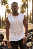 Barabas Men's Rhinestone Sun Rays Stretch Sleeveless Shirt 6ESL03 White Gold