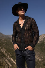 Barabas Wholesale Men's See Through Knitted Breathable Long Sleeve Shirt 6KNB01 Black