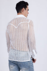 Barabas Wholesale Men's See Through Knitted Breathable Long Sleeve Shirt 6KNB01 Off White