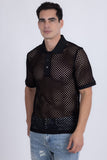 Barabas Wholesale Men's See Through Knitted Geometric Stretch Polo Shirts 6KNP02 Black