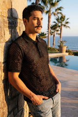 Barabas Wholesale Men's See Through Knitted Geometric Stretch Polo Shirts 6KNP02 Black