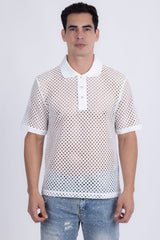 Barabas Wholesale Men's See Through Knitted Geometric Stretch Polo Shirts 6KNP02 White