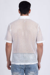 Barabas Wholesale Men's See Through Knitted Geometric Stretch Polo Shirts 6KNP02 White