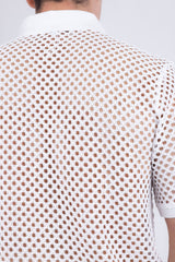 Barabas Wholesale Men's See Through Knitted Geometric Stretch Polo Shirts 6KNP02 White