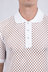 Barabas Wholesale Men's See Through Knitted Geometric Stretch Polo Shirts 6KNP02 White