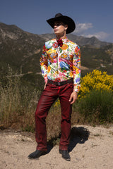 Barabas Wholesale Men's Tiger Floral Rhinestones Long Sleeve Shirts 6SPR01 Red