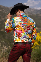 Barabas Wholesale Men's Tiger Floral Rhinestones Long Sleeve Shirts 6SPR01 Red