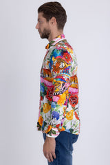 Barabas Wholesale Men's Tiger Floral Rhinestones Long Sleeve Shirts 6SPR01 Blue